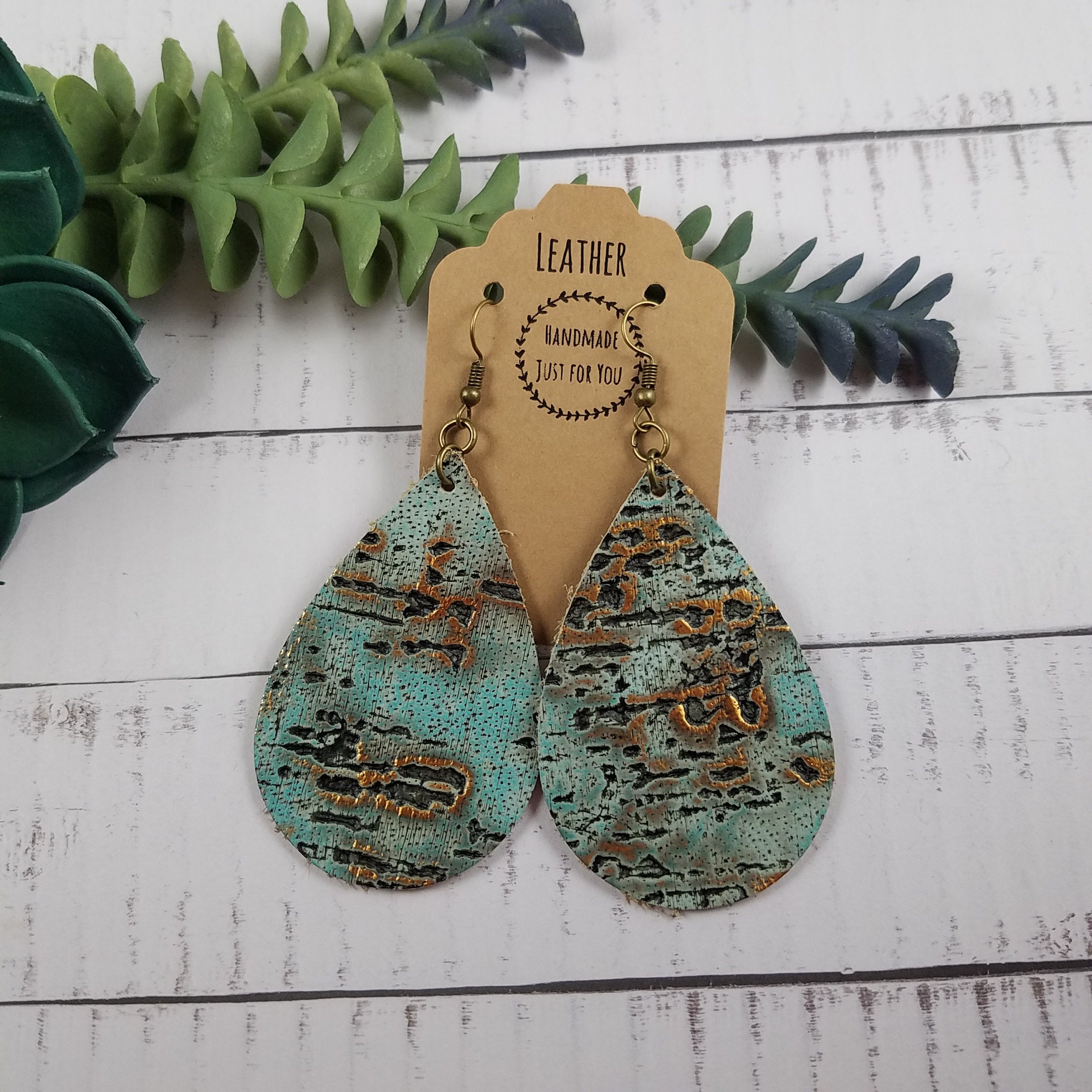 Large Turquoise Gold Worn Teardrop Leather Earrings/embossed  display picture 1