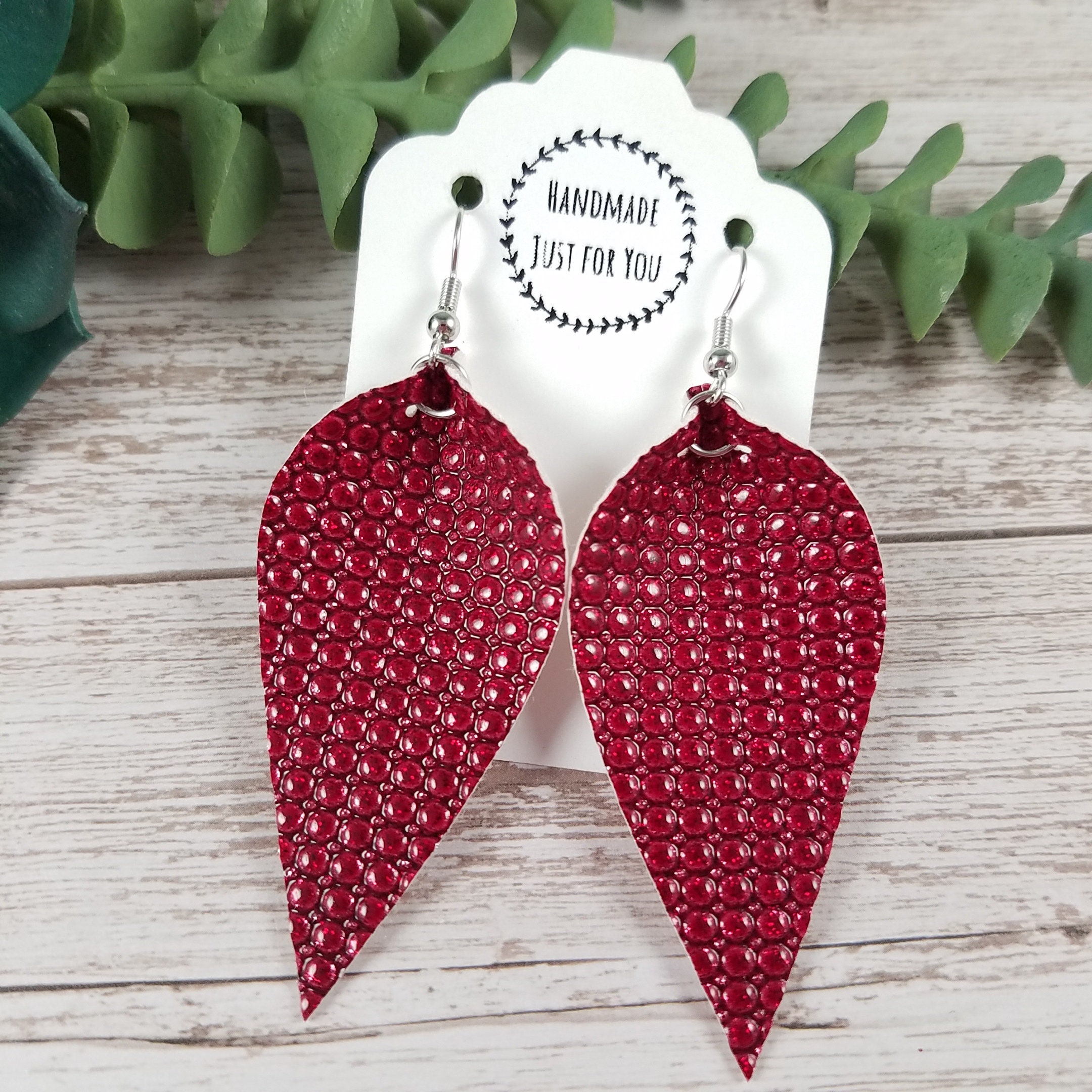Details about   Glittery Pinkish Red Genuine Leather Large Leaf Earrings--925 Sterling Hooks 