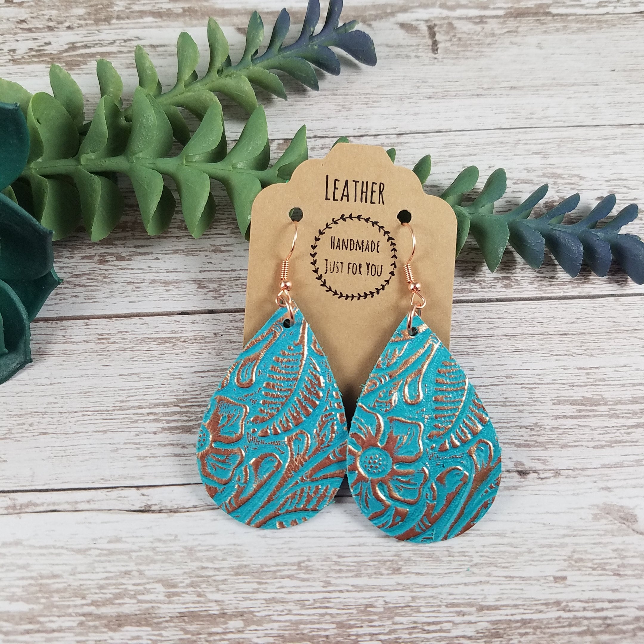 Handcrafted Yellow Gold HOH Leather Teardrop Earrings with Turquoise Accent Small Turquoise Teardrop Leather Earrings, Rose Gold Floral  main image 4