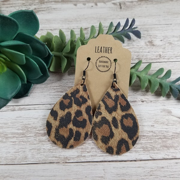 Cheetah Suede Teardrop Earrings/Soft Animal Leopard Black Brown Print Petal Earrings/Gift for Her under 10/Dangle Leather Earrings