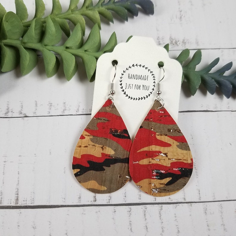 Small Camo EarringsCamouflage Cork Teardrop EarringsMilitary Lightweight EarringGift for Her under 10Statement Dangle and Drop Earrings