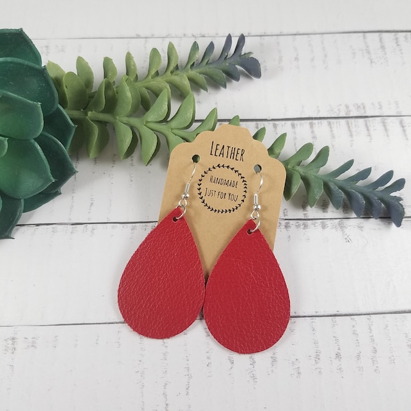 Small Red Leather Earrings/Teardrop Leaf Earrings/Gift for Her under 10/Birthday Gift/Dangle and Drop Earrings/Statement Petal Earrings