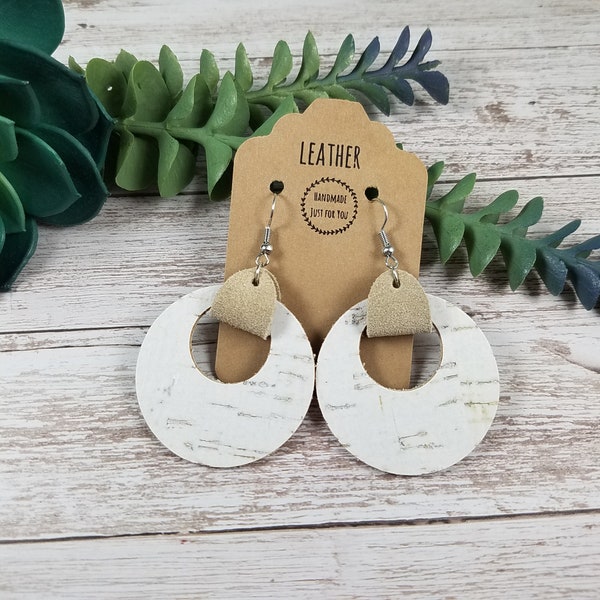 Circle Cork Leather Earrings/White Wash Firm Dangle Drop Leather Earrings/Gift for Her under 10/Easy to wear Modern Earrings/Summer Jewelry