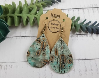 Small Turquoise Teardrop Leather Earrings, Worn Western Style