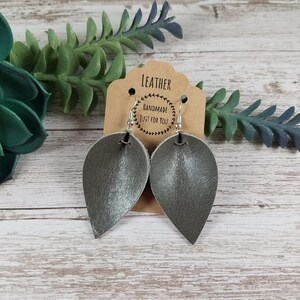 Small Gray Worn Leather Earrings/Pinched Leaf Earrings/Gift for her under 10/Genuine Leather/Statement Earrings/Soft Leather/Dangle and Drop