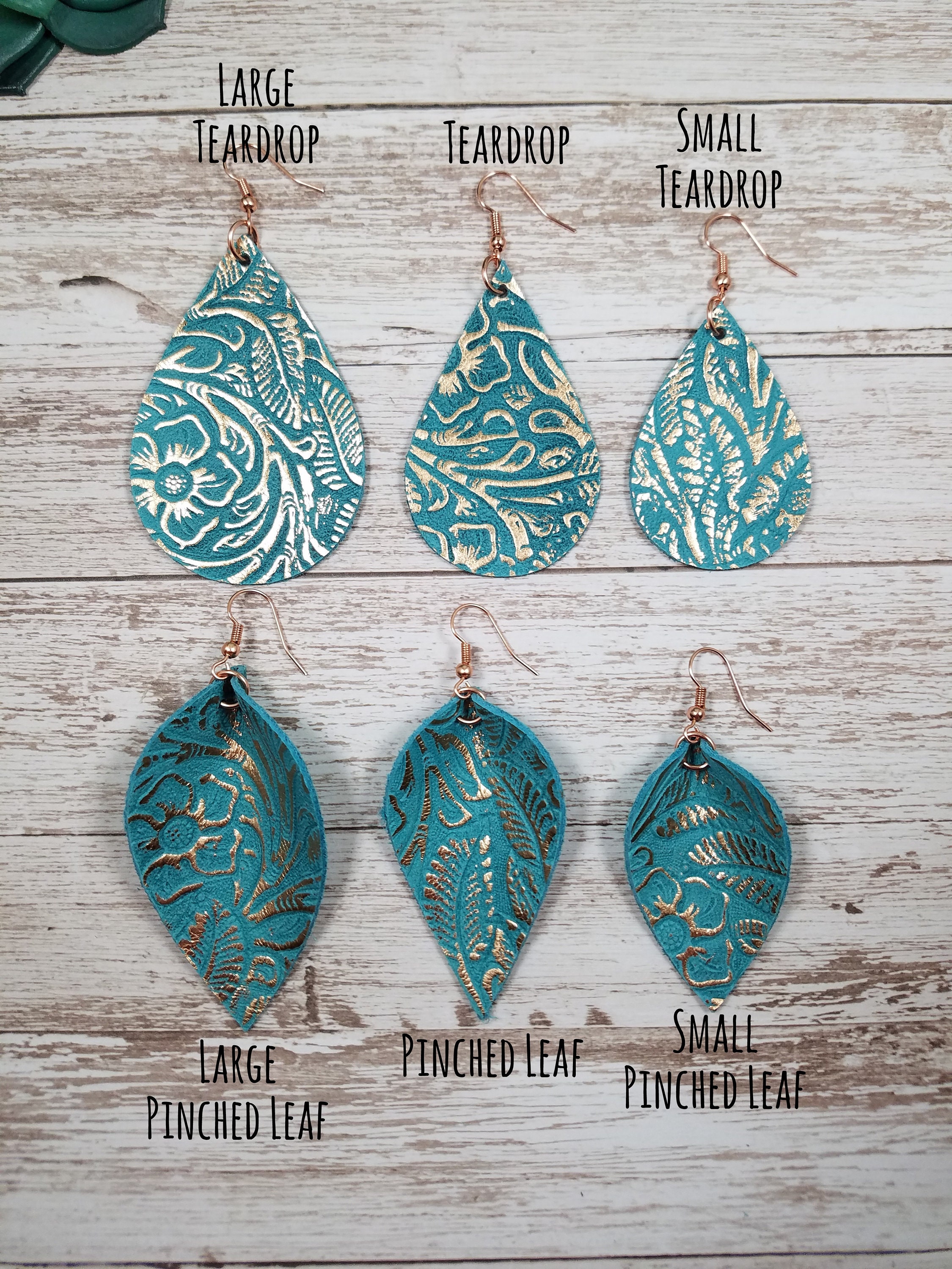 Handcrafted Yellow Gold HOH Leather Teardrop Earrings with Turquoise Accent Small Turquoise Teardrop Leather Earrings, Rose Gold Floral  main image 2