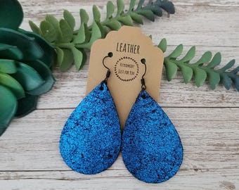 Royal Blue Metallic Suede Teardrop Leather Earrings