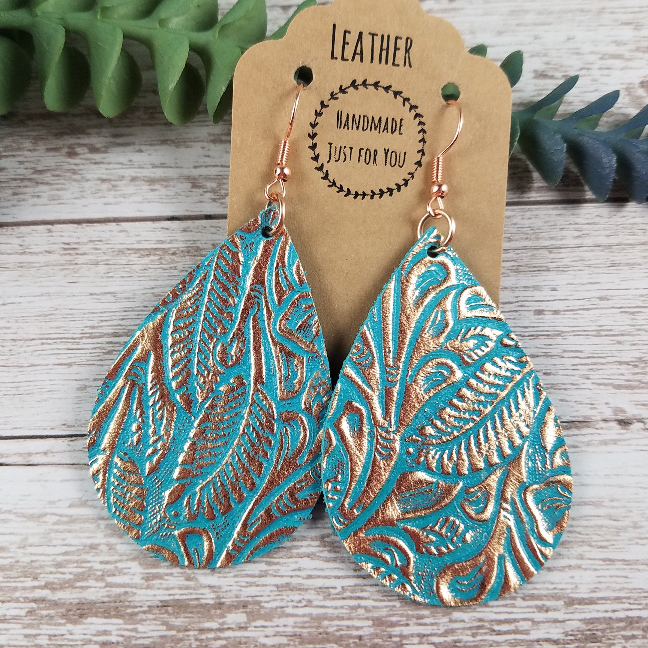 Turquoise Leather Teardrop Earrings, Rose Gold Floral  display picture 1