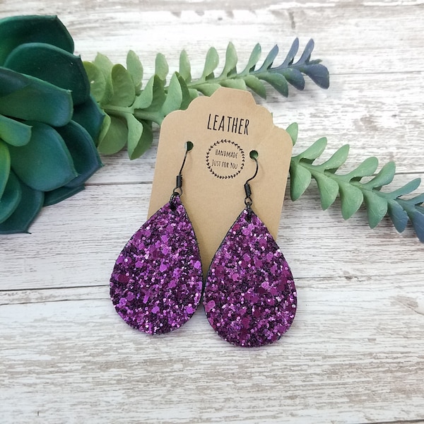 Small Leather Sequin Sparkle Plum Purple Glitter Teardrop Earrings/Holiday Party Petal Earrings/Gift for her under 10/Dangle Drop Statement