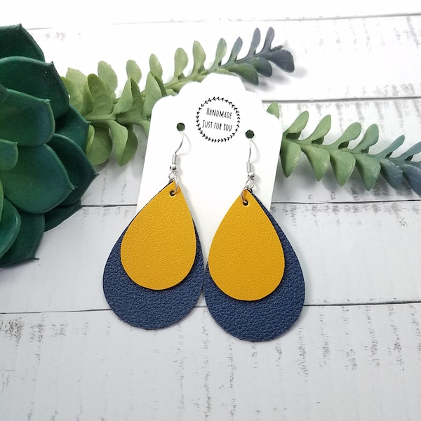 Small Gold and Navy Blue Sports Team Layered Teardrop Earrings/Gift for her under 10/Gift for Sports Fan/Mustard Yellow Navy Blue