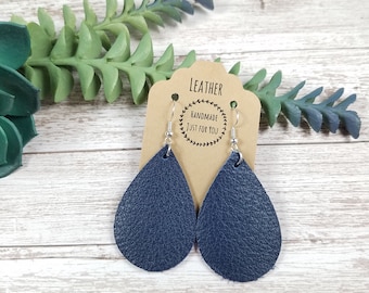 Small Navy Blue Leather Teardrop Earrings/Soft Textured Petal Earrings/Gift for Her under 10/Dangle and Drop Leather Jewelry Accessories