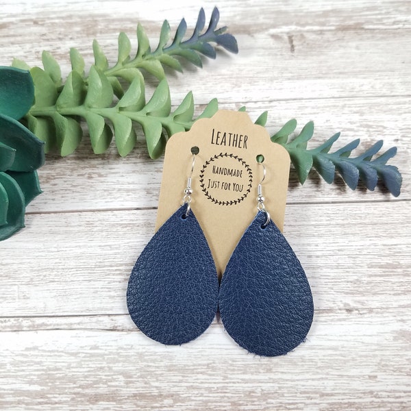 Small Navy Blue Leather Teardrop Earrings/Soft Textured Petal Earrings/Gift for Her under 10/Dangle and Drop Leather Jewelry Accessories