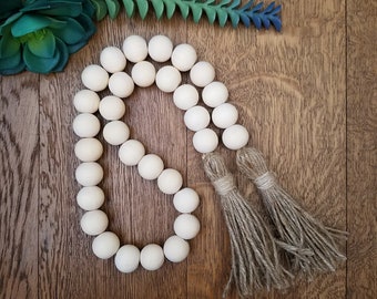 Farmhouse Natural Wood Bead Garland, Jute Tassels, 30"