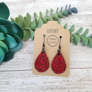 Micro Metallic Red Suede Teardrop Leather Earrings