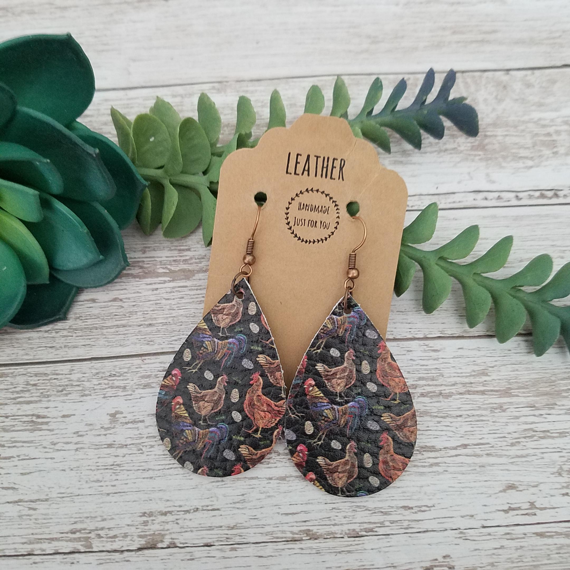 TKS MITLAN Chicken Leather Earrings For Women – Rooster Animal Dot Design, Teardrop And Leaf Dangle Earrings