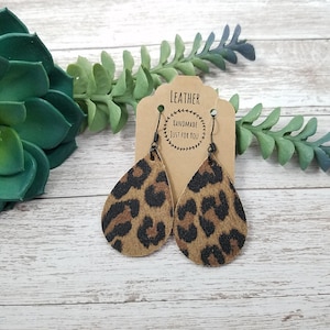 Small Cheetah Suede Teardrop Earrings/Soft Animal Leopard Black Tan Brown Print Petal Earrings/Gift for Her under 10/Dangle Leather Earrings
