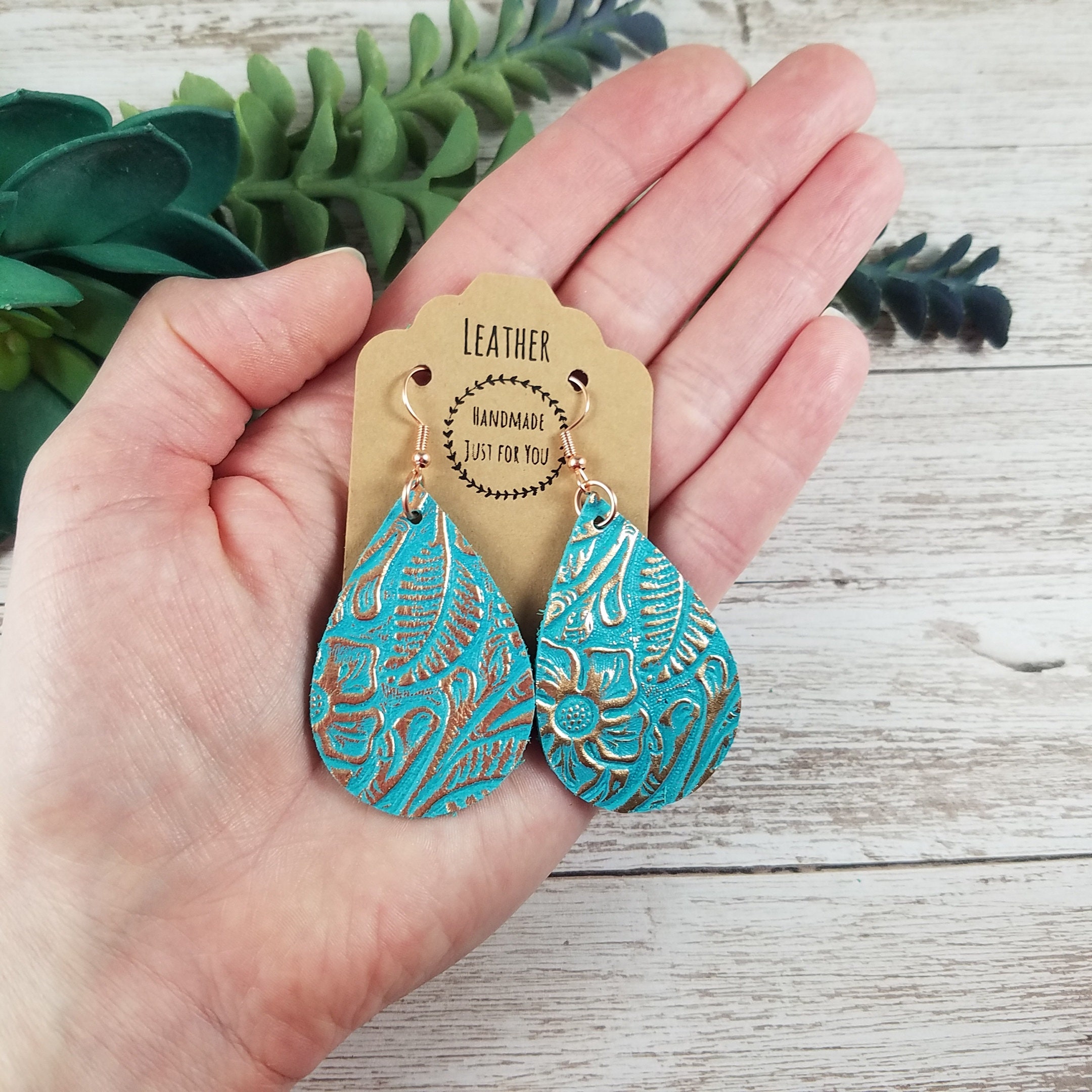 Small Turquoise Teardrop Leather Earrings, Rose Gold Floral  display picture 2