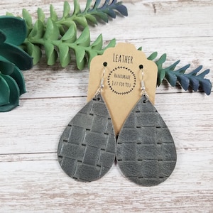 Gray Leather Teardrop Earrings/Basket Weave Petal Earrings/Holiday Gift for Her under 10/Statement Dangle and Drop Leather Earrings