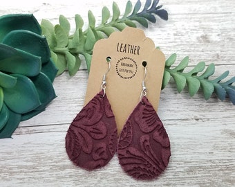 Small Burgundy Suede Earrings/Embossed Red Wine Leather Teardrop Leaf Earrings/Western Cowboy Earrings/Statement Earrings/Gift for her