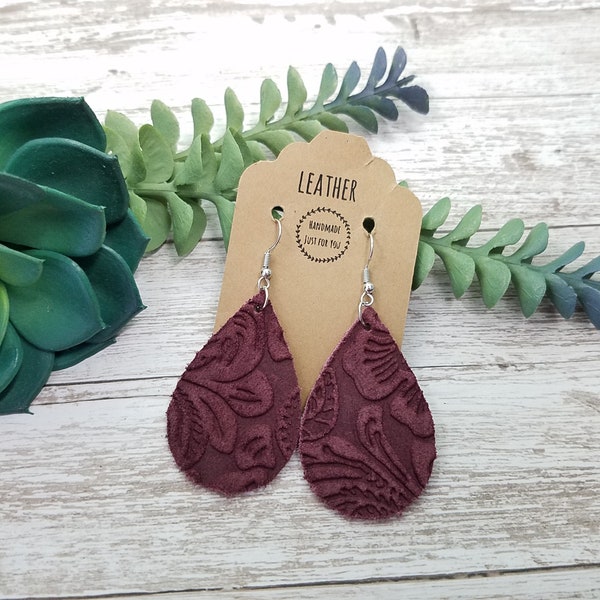 Small Burgundy Suede Earrings/Embossed Red Wine Leather Teardrop Leaf Earrings/Western Cowboy Earrings/Statement Earrings/Gift for her