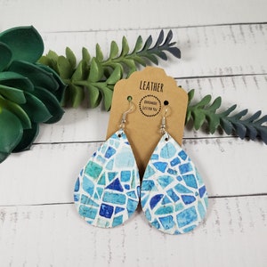 Cork Leather Back Teardrop Petal Earrings/Gift for her under 10/Firm Leather Mosaic Blue Dangle Drop Earring/Durable Statement Earring