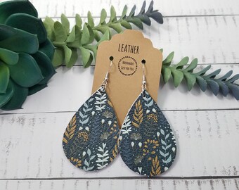 Navy Blue Leather Teardrop Earrings, Floral Print Design