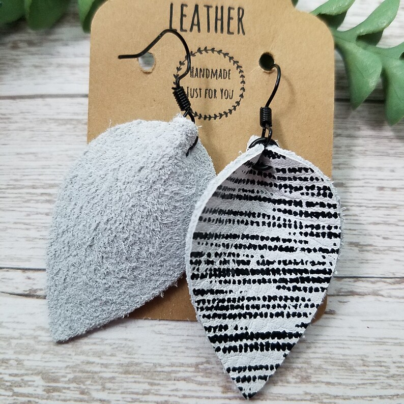 Small Black and White Pinched Leaf Leather Earrings, Dangle Drop ...