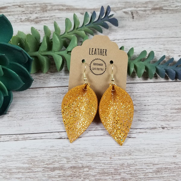 Small Metallic Gold Leather Pinched Leaf Earrings/Soft Sparkle Suede Petal Earring/Gift for Her under 10/Dangle Leather Jewelry Accessories