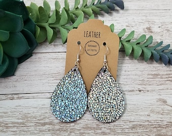 Small Black and Silver Metallic Suede Teardrop Leather Earrings