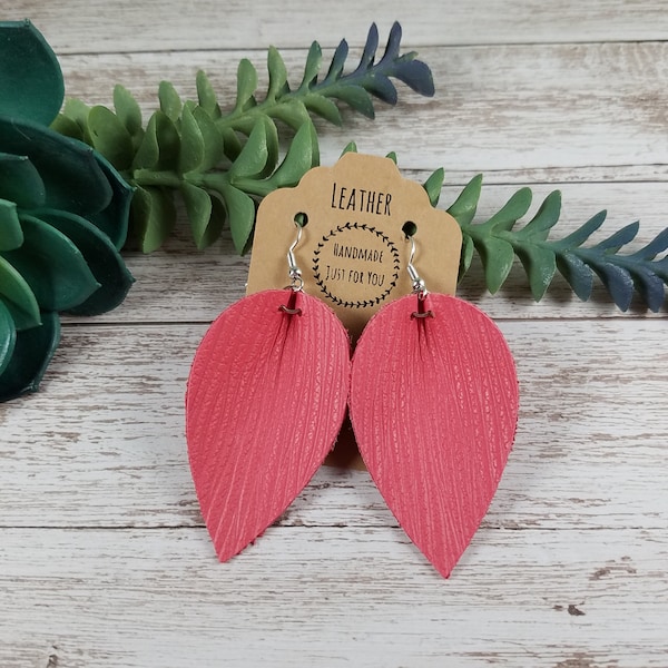 Coral Pink Textured Pinched Leaf Petal Leather Earring/Gift for her under 10/Statement Dangle Drop Earring/Easy to Wear Summer Earring