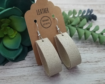 Sparkle Suede Leather Hoop Earrings, Champagne Beige Jewelry