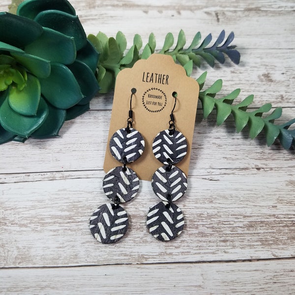 Circle Black and White Chevron Print Cutout Dangle Earrings/Cork with Leather Back Drop Earrings/Gift for her under 10/Firm Circle Earrings