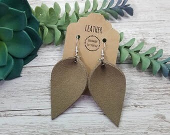 Taupe Brown Suede Pinched Leaf Leather Earrings: Modern Dangle