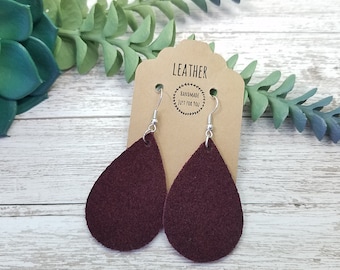 Small Dark Burgundy Red Suede Teardrop Earrings/Soft Petal Leather Earrings/Gift for Her under 10/Statement Dangle and Drop Earrings