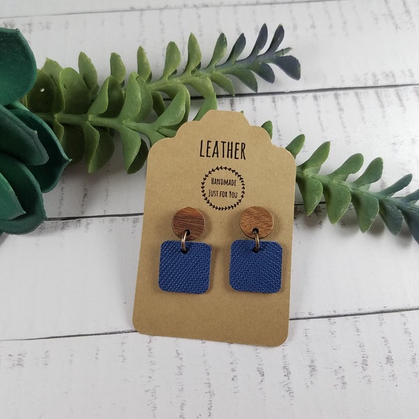 Mini Navy Blue Square Textured Leather Wood Earrings/Petite Small Modern Earrings/Gift for her under 10/Soft Dangle Drop Leather Earring