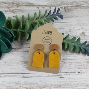 Mini Mustard Yellow U Shape Suede Leather Wood Earrings/Petite Small Modern Earrings/Gift for her under 10/Soft Dangle Drop Leather Earrings