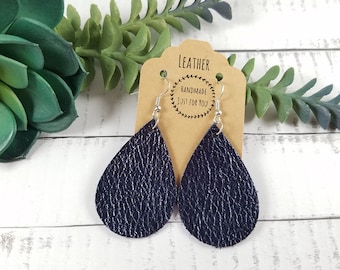 Small Metallic Dark Navy Blue Leather Teardrop Earrings