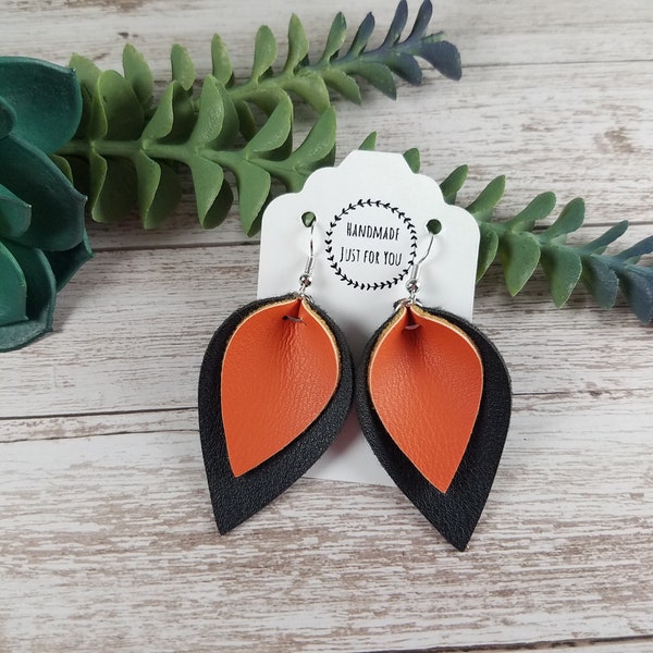 Small Orange and Black Sports Team Layered Pinched Leaf Earrings/Gift under 10/Oregon State Beavers/San Francisco Giants/Baltimore Orioles