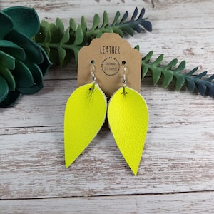 Long Neon Yellow Leather Pinched Leaf Earrings/Summer Textured Petal Genuine Leather Earrings/Gift for her under 10/Statement Soft Earrings