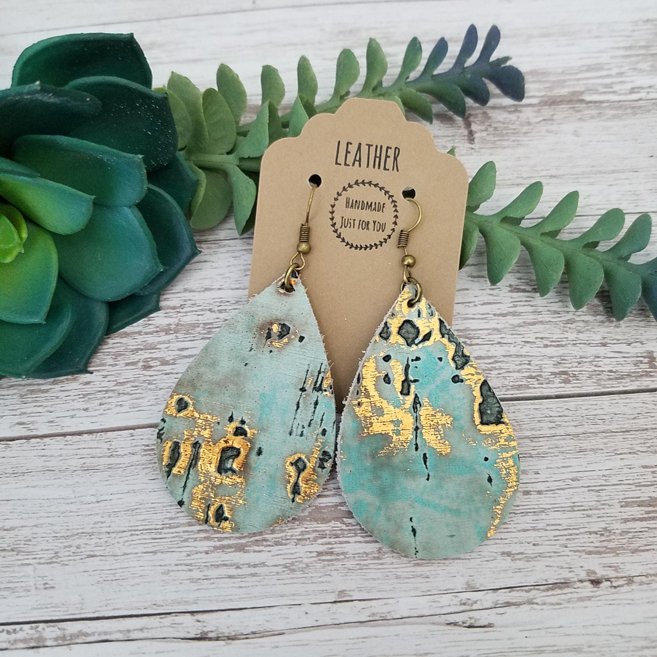Turquoise Gold Teardrop Leather Earrings, Rustic Western  display picture 2