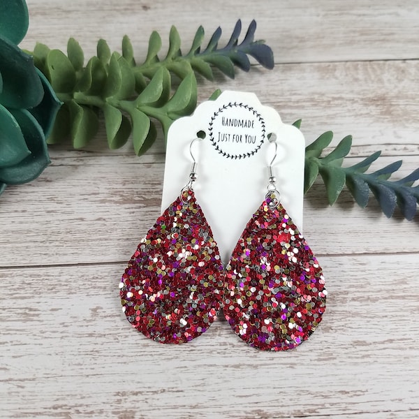 Small Holiday Sequin Sparkle Pink Red Gold Glitter Textured Teardrop Party Earrings/Christmas New Year Holiday Earring/Gift for her under 10