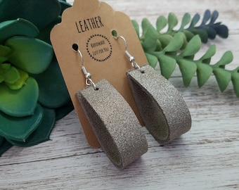 Taupe Sparkle Suede Folded Hoop Leather Drop Earrings