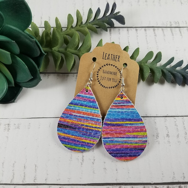 Small Colorful Teardrop Leather Earrings/Rainbow Petal Earrings/Gift for her under 10/Statement Light Easy to Wear Dangle and Drop Earrings