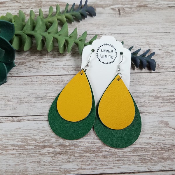 Large Gold Green Layered Teardrop Earrings/Green Bay Packers Sports Fan Vinyl Statement Earrings/Dangle Drop Earrings/Gift for her under 10