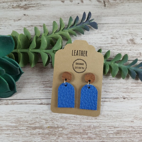 Mini Blue U Shape Suede Leather Wood Earrings/Petite Small Modern Earring/Gift for her under 10/Soft Celtic Blue Dangle Drop Leather Earring