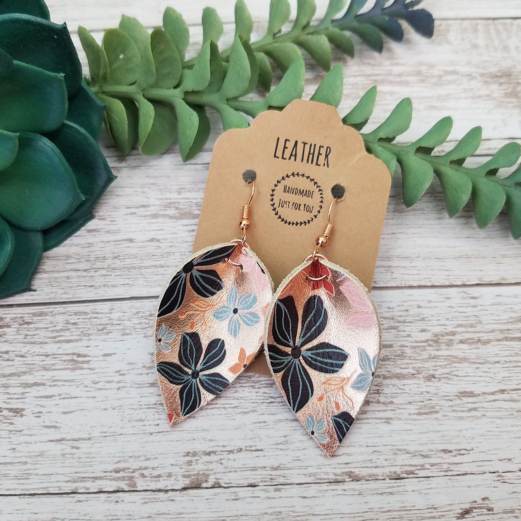 Small Metallic Rose Gold Flower Leather Pinched Leaf Earrings