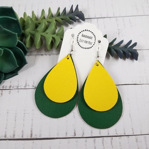 Large Oregon Ducks Layered Teardrop Earring/Yellow and Green Sports Dangle and Drop Earrings/Jewelry Gift under 10/Statement Trendy
