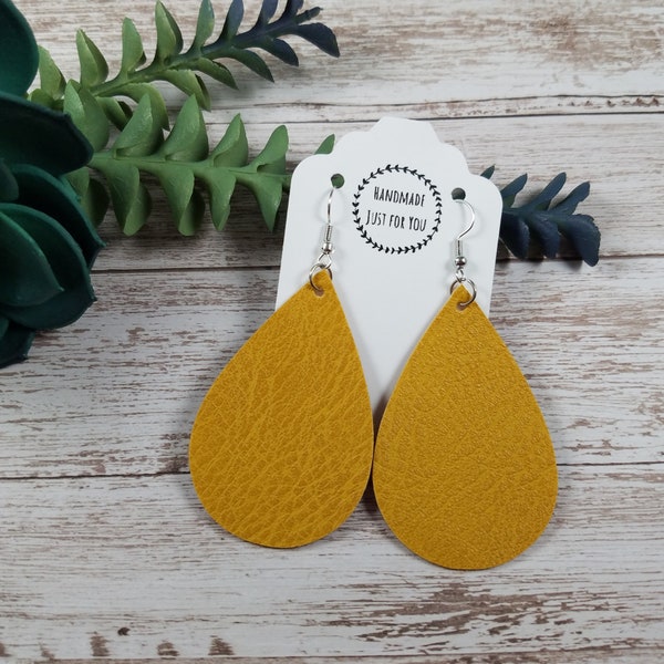 Mustard Yellow Teardrop Earrings/Lightweight Vinyl Leaf Drop Earrings/Gift for her under 10/Statement Easy to wear Dangle Earrings