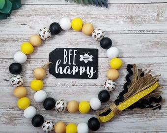 Bumble Bee Wood Bead Garland, Farmhouse Tiered Tray Decor