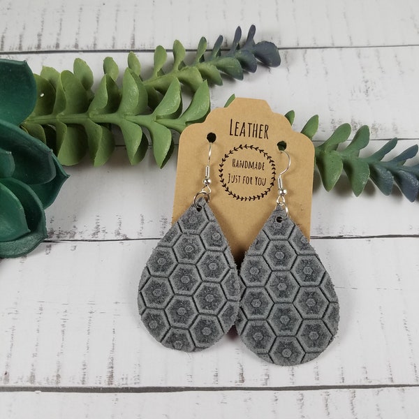 Small Gray Suede Leather Teardrop Earrings/Geometric Petal Earrings/Holiday Gift for Her under 10/Statement Dangle Drop Soft Earrings